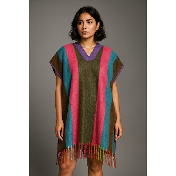 Vintage Mexican Wool Poncho Striped Boho Festival Coastal Cowgirl Fringe - Picture 5 of 6